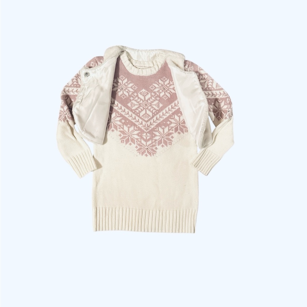 Girls Snowflake Winter Cream and Pink Knit Dress with Furry Vest Size 10